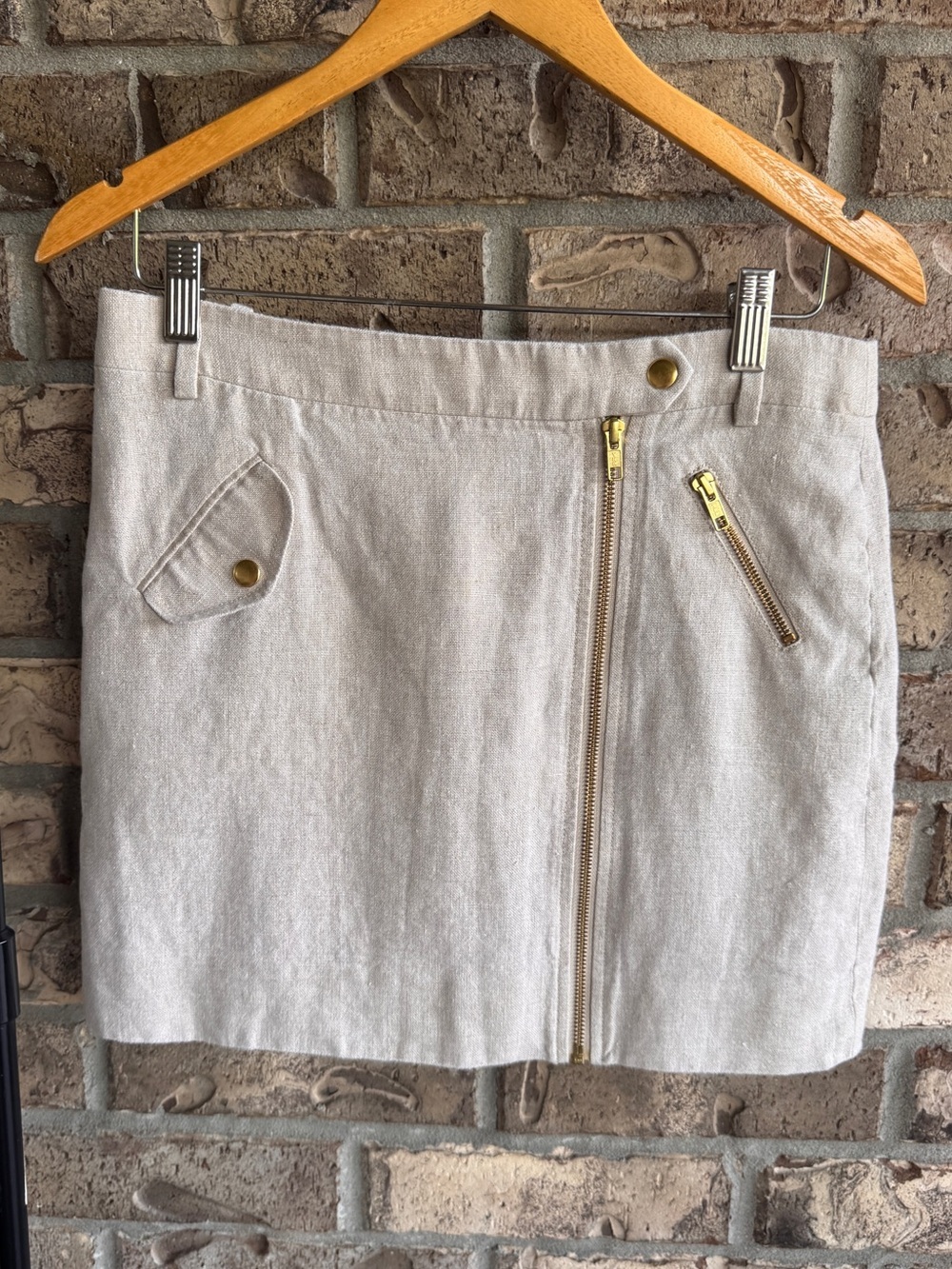 Crew Linen Zip Front Mini Skirt Size 4 Beige Utility Safari Gold Hardware 50962